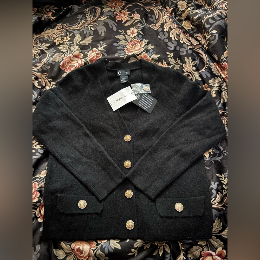 Bloomingdale's Black Cashmere Cardigan with Gold Accent